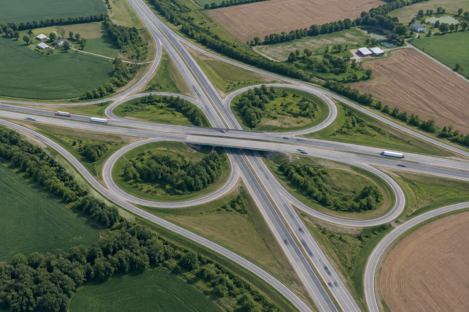 An aerial view of a highway interchange surrounded by central Ohio farmland
