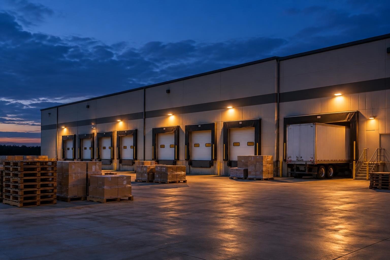A warehouse loading dock at dusk with staged pallets