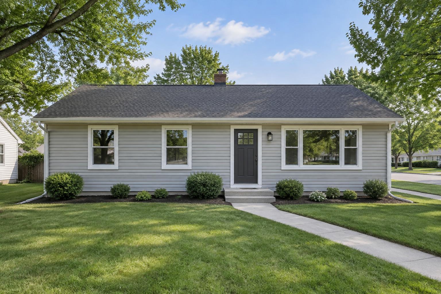 A freshly renovated single-story house with new siding and a tidy front lawn
