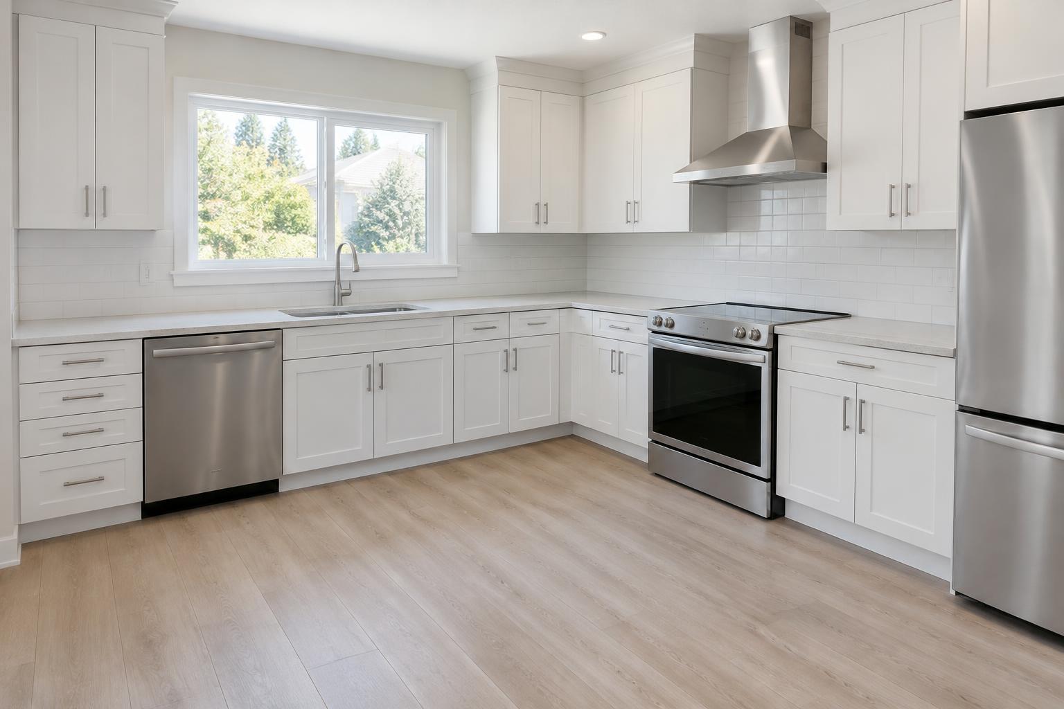 A renovated kitchen with white cabinets and new flooring