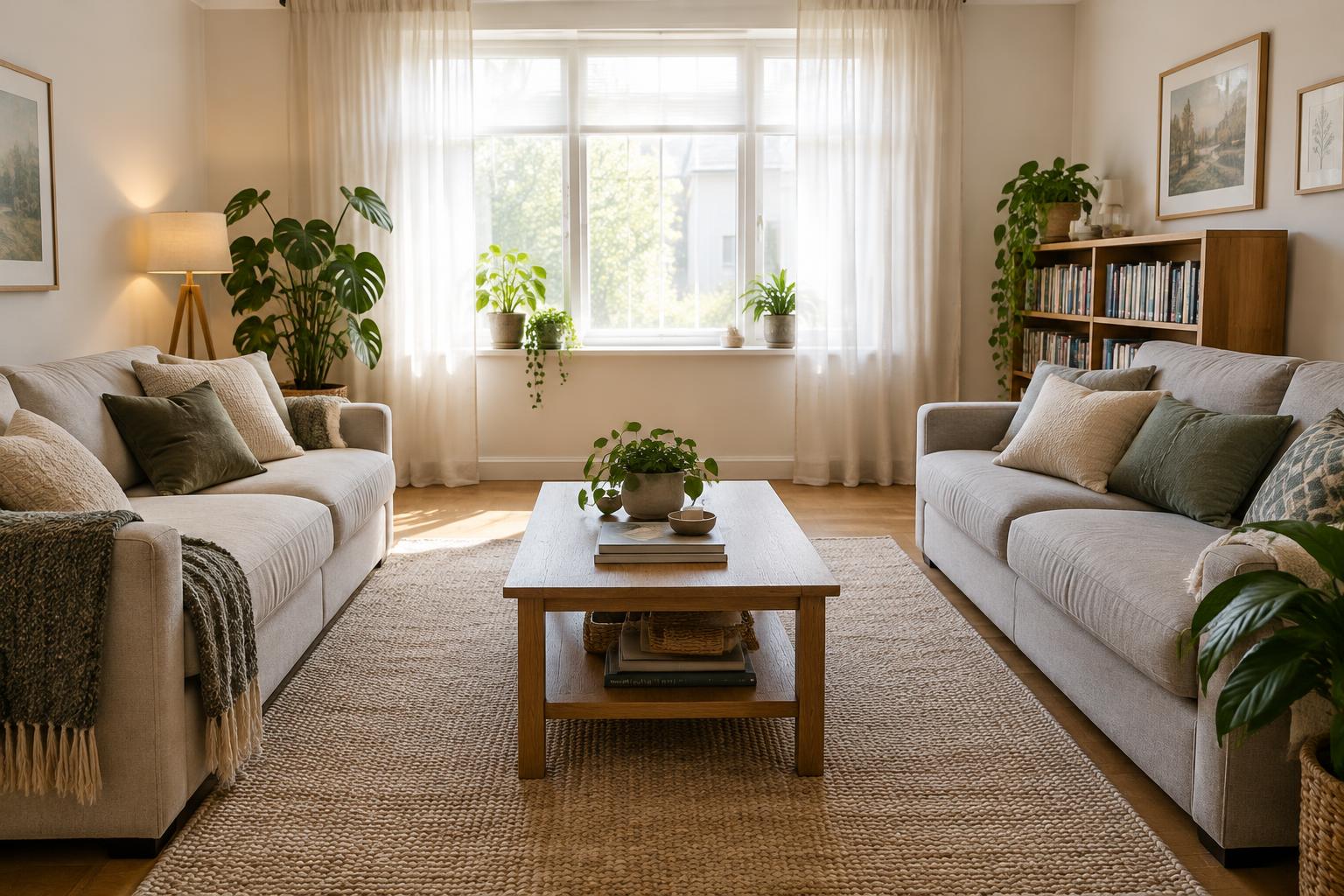 A shared living room with sofas and plants