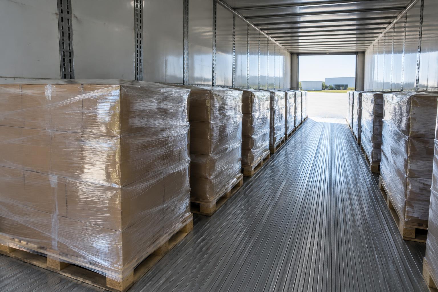 The inside of a trailer loaded with wrapped pallets