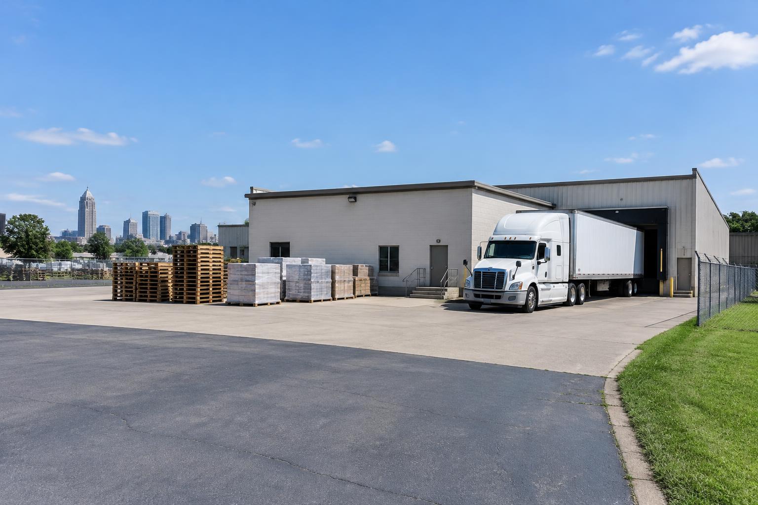 A tractor trailer backed into a loading dock beside stacked pallets of freight